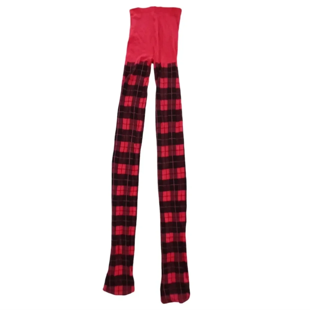 UO Plaid Tights Red & Black Scotch Tape Print Panty Hose OS 90s Grunge Punk Goth